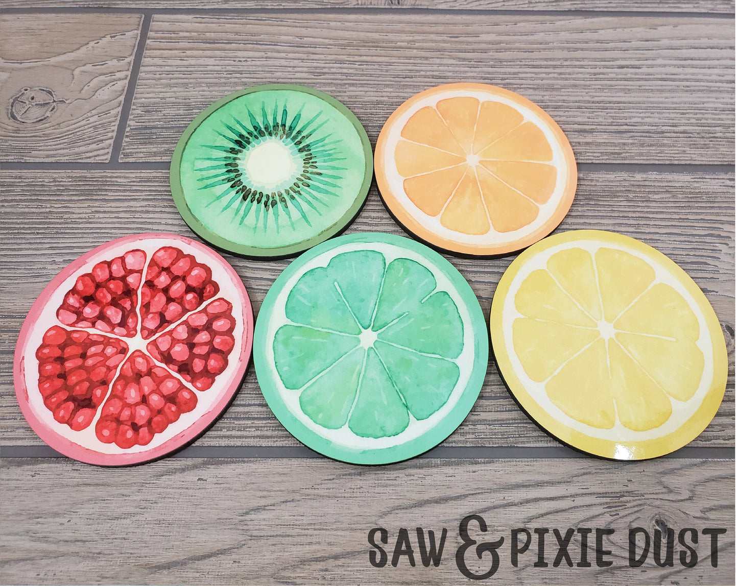 Fruit Slice Coasters - Lemon - Lime - Orange - Pomegranate - Kiwi - Hardboard Coasters - Cork Bottom - Coaster Sets - Mix & Match