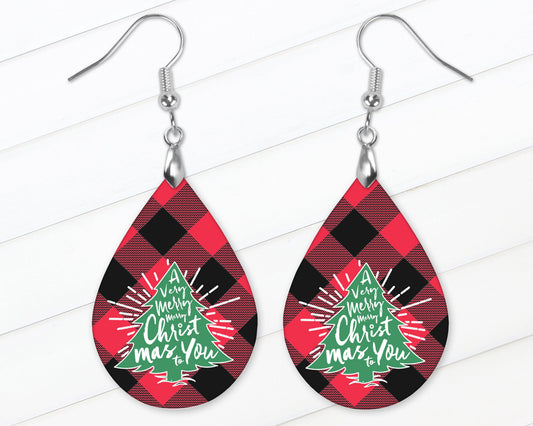 Have a Very Merry Christmas | Buffalo Plaid | Double Sided Teardrop Earrings | Nickel Free | Light-Weight Dangle Earrings | Christmas Gift