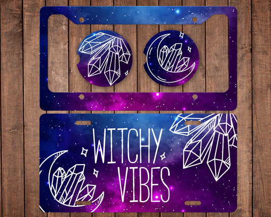 Personalized License Plate - License Plate Frame - Neoprene Car Coasters (Set of 2) - Witchy Vibes | Crystals- Aluminum License Plate