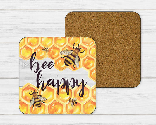 Bee Happy | Honey Bees - Set of 2 OR Set of 4 Coasters - Hardboard Cork Bottom Coasters - Gift for her - Gift for him - Gift Ideas