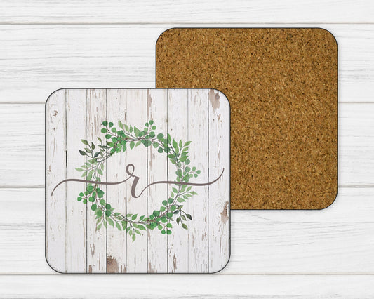 Leaf Wreath on Wood Monogram - Set of 2 OR Set of 4 Coasters - Hardboard Cork Bottom Coasters - Gift for her - Gift for him - Gift Ideas