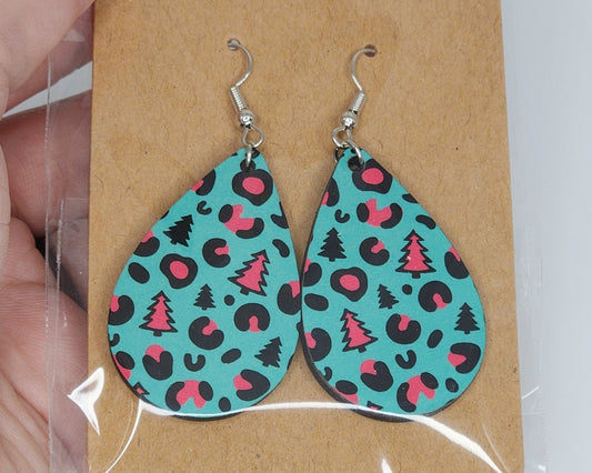 Teal & Pink Leopard/Cheetah Print Christmas Tree Teardrop Earrings| Double Sided Teardrop Earrings | Nickel Free Earrings | Dangle Earrings