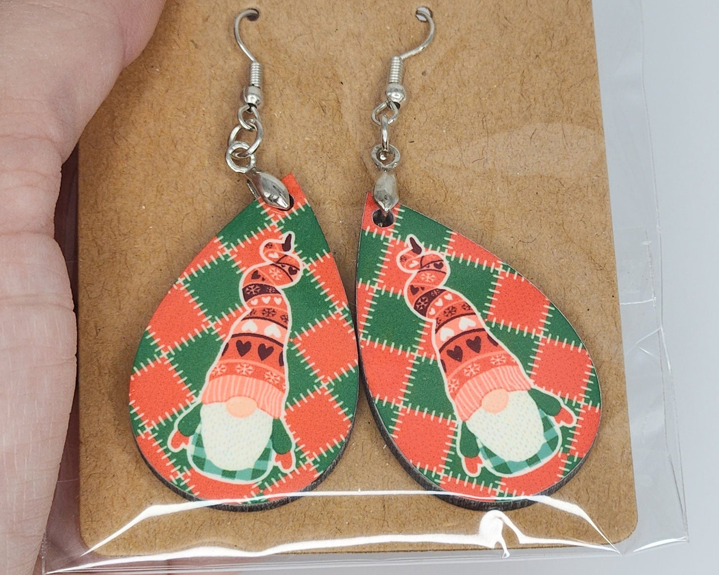 Christmas Gnome | Quilted | Double Sided Teardrop Earrings | Nickel Free | Light-Weight Dangle Earrings | Christmas Gift
