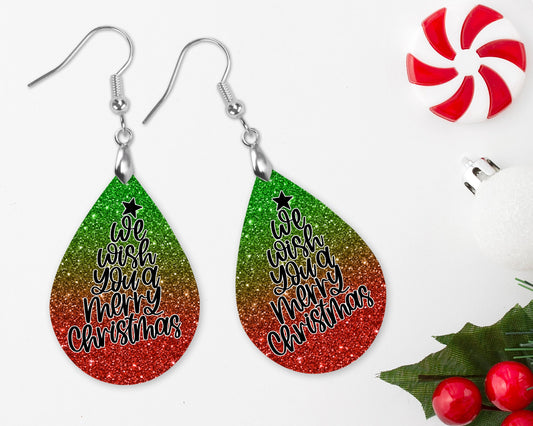 FAUX GLITTER - We Wish You a Merry Christmas | Christmas Pattern Earrings | Teardrop | Double Sided | Nickel Free | Dangle Earrings