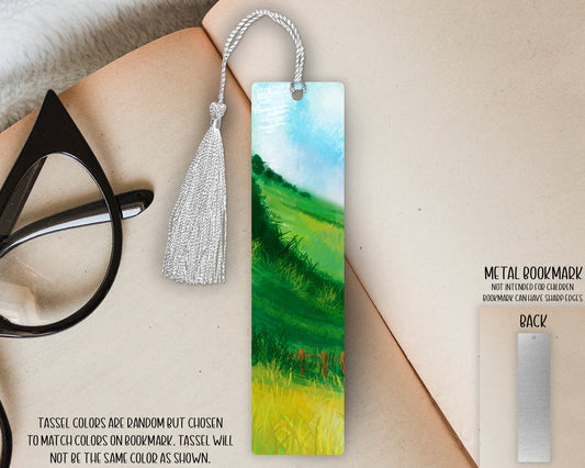 Small Single Sided Aluminum Metal Bookmark with Tassel - 4.7 in x 1.25 in - Green Spring Mountain Field - Book Lover/Reader's Gift
