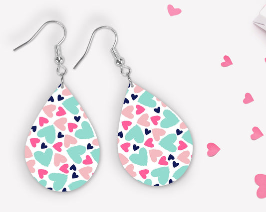 White, Pink, Teal & Blue Hearts Pattern | Valentine's Day Earrings | Teardrop Dangle Earrings | Double Sided | Nickel Free