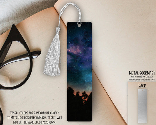 Small Single Sided Aluminum Metal Bookmark with Tassel - 4.7 in x 1.25 in - Galaxy Sunset Sky - Book Lover/Reader's Gift