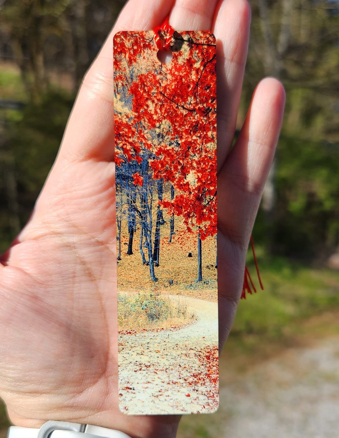 Small Single Sided Aluminum Metal Bookmark with Tassel - 4.7 in x 1.25 in - Red|Orange|Yellow Fall Trees - Book Lover/Reader's Gift