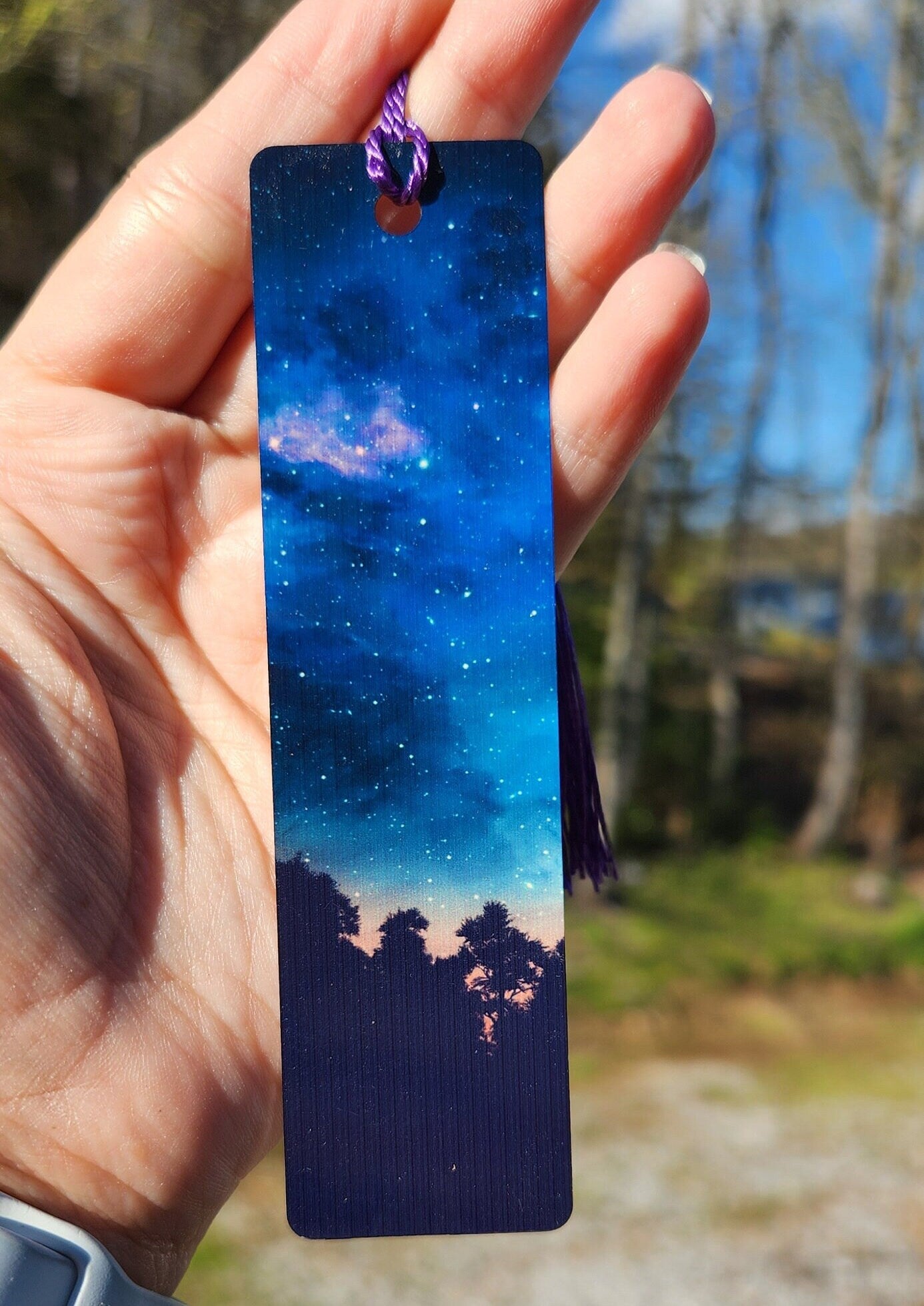 Small Single Sided Aluminum Metal Bookmark with Tassel - 4.7 in x 1.25 in - Galaxy Sunset Sky - Book Lover/Reader's Gift