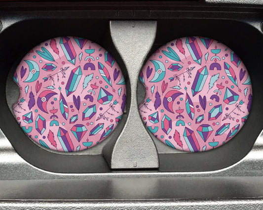 Pink, Purple & Teal Boho Pattern Print - 2.75in Rubber Neoprene Car Coaster (Set of 2) for Cup Holder - Car Accessories - Car Decor