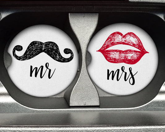 Mr and Mrs | Husband and Wife - Rubber Neoprene Car Coaster (Set of 2) - Auto Accessories - Car Accessories - Car Cup Holder Coaster