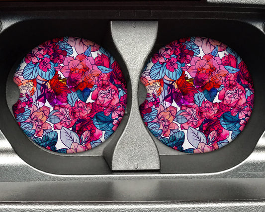 Watercolor Floral Print Pattern - Rubber Neoprene Car Coaster (Set of 2) - Auto Accessories - Car Accessories - Car Cup Holder Coaster