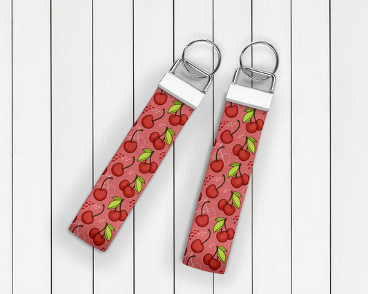 Cute Cherries Pattern Print - Wristlet Key Fob - Lanyard Keychain - Soft Polyester Lanyard Key Fob Keychain