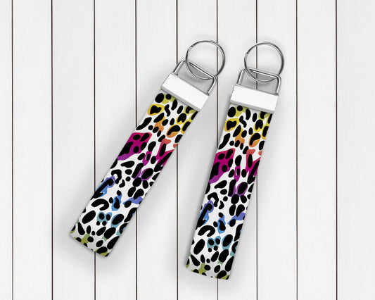 Rainbow Leopard/Cheetah Print - Wristlet Key Fob - Lanyard Keychain - Soft Polyester Lanyard Key Fob Keychain