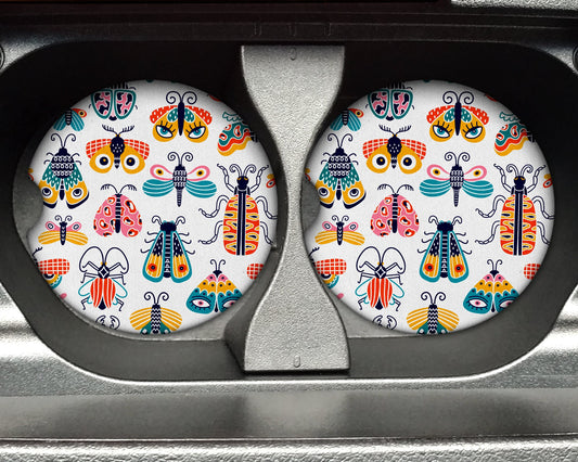 Colorful Bugs Pattern - 2.75in Rubber Neoprene Car Coaster (Set of 2) for Cup Holder - Car Accessories - Car Decor
